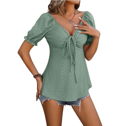 Hauts d'été pour femme col en V manches courtes brodé œillet chic