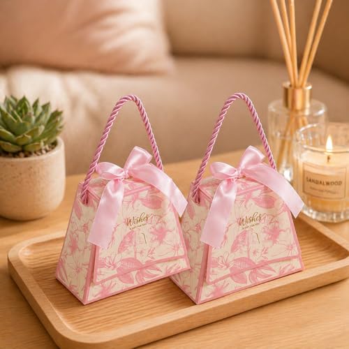 Image of SATYAM KRAFT 20 Pcs Decorative Gift Box with Handle & Ribbon Premium Floral Printed Packaging Small Paper Box for Gifting, Storage, Return Gift, Wedding, Birthday, Chocolate, Dry Fruit (Pink)