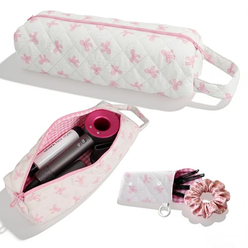 Hair Tool Bag with Matching Small Pouch, Pink Bow Quilted