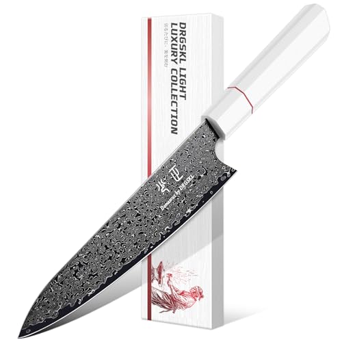 DRGSKL Damascus Chef Knife 8 Inch - VG10 Kitchen Knife for Meat Cutting - Japanese G10 Handle - Sharp Cooking Knives for Vegetables and Fruit - with Gift Box