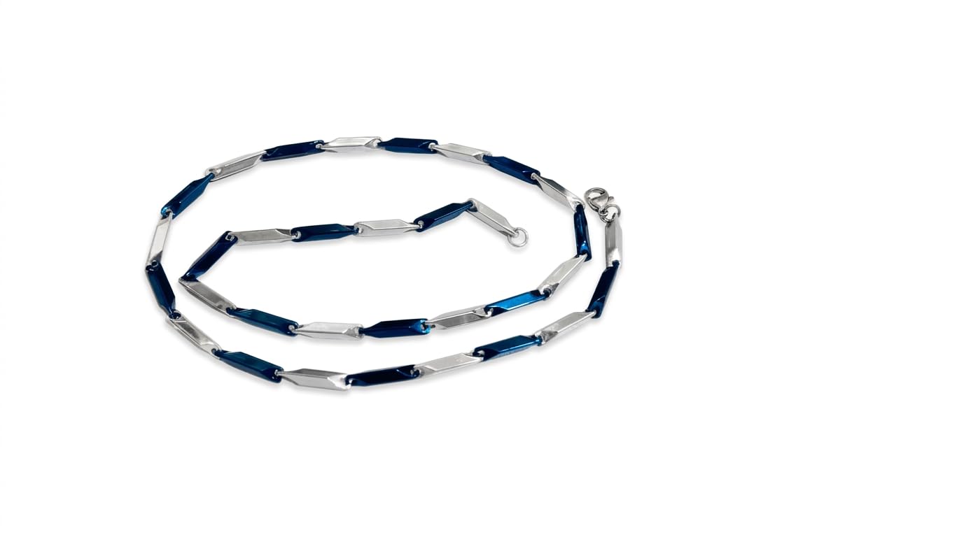 Two Tone Rice Link Chain Necklace, Blue and Silver, Stainless Steel, Lobster Clasp, for men,girl and boy, Pack of 2-image-21
