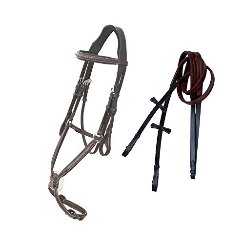 Exion Jumping Horse Bridle | Anatomical Figure 8 Bridle with Fancy Stitching & Padded Grackle Noseband | Rubber Grip Reins & SS Hadrware | English Tack for Equestrian Show & Training