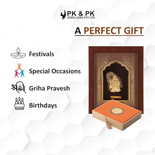 Image of Pk & Pk Jewellers Lord Radha Krishna with Peacock Feather | 24KT Gold Frame | Temple Collection | Extra Small Size [14x18 cm] (For Premium Gift, Temple, Table Decor, Home Decoration)