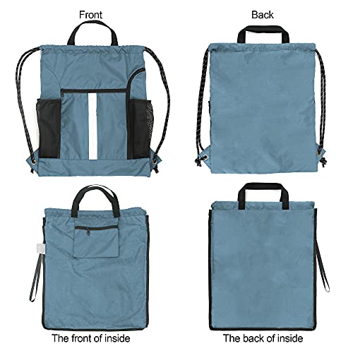 Image of BeeGreen Blue Sport Cinch Bag String Backpack with Shoe Compartment and Two Side Mesh Pockets Machine Washable Sturdy Gymsack Drawstring Sackpack