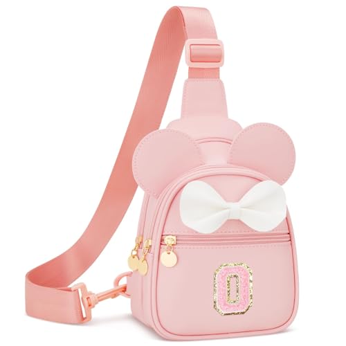 Image of Initial Sling Bag Crossbody Purse for Kids Girls Age 3-8 | Personalized Initial Gift, Soft Vegan Leather, Adjustable Strap & 3 Pockets for Kids Girls 3-8, Pink O