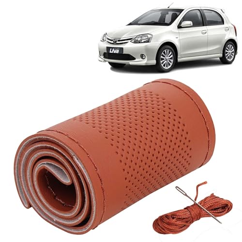 Image of KINGSWAY PU Leatherite Car Steering Cover Sewable Compatible with Toyota Etios Liva (Year 2010 Onwards), Tan Color with Tan Thread, Pack of 1 with Sewing Needle and Thread