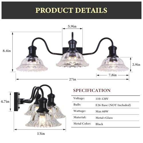 Image of Vintage Bathroom Light Fixtures, 3-Light Matte Black Vanity Light with Flower Glass Shade, Bathroom Lighting Fixtures Over Mirror for Bedroom, Dressing Table