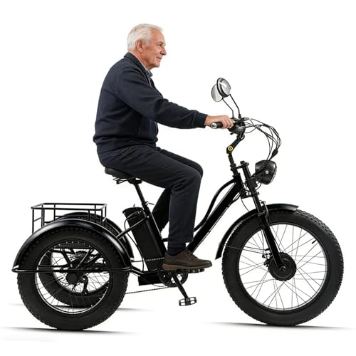 Wasd3Pods Fat-Tire-Dreirad Für Erwachsene Mit Korb 20-Zoll-Elektro-Dreirad Mit Carbonstahlrahmen 3-Rädriges Freizeitrad Elektrisches Lastendreirad Für Senioren Black-noseat
