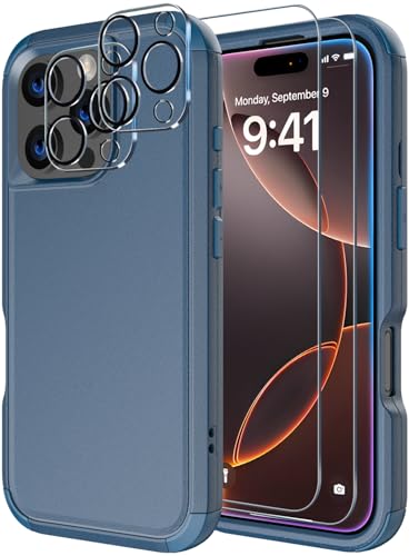 Image of Diverbox for iPhone 16 Pro Max Case [Shockproof] [Dropproof] [Tempered Glass Screen Protector + Camera Protectors] Heavy Duty Protection Phone Case Cover for Apple iPhone 16 Pro Max (Blue)