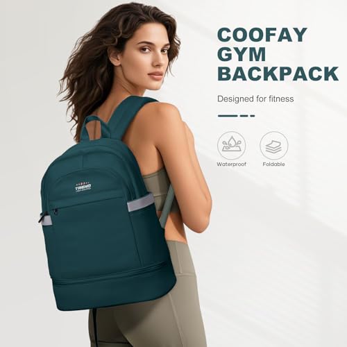Image of coofay Gym Backpack for Women Men, Sports Backpack with Shoe Compartment | Large Gym Bag with Wet Pocket, Cheer Bag, Lightweight Travel Backpack for Dance, Volleyball, Water-Resistant, Peacock Blue