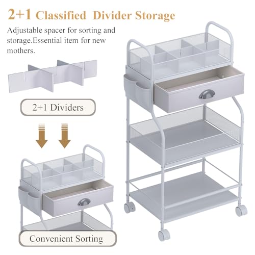Baby Diaper Caddy Cart Organizer -3 Tier, Bedside Nursery Essentials Cart & Storage Holder for Newborn Baby Stuff, 2+1 Dividers, 1 Drawer,Rolling Utility Cart for Bedroom,Changing Table, Crib - Image 4