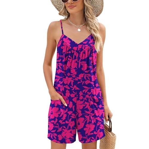 Rapbin Womens Summer Casual Sleeveless Rompers Spaghetti Strap Adjustable Loose Shorts Jumpsuit with Pockets XX-Large 01-rose Red Floral