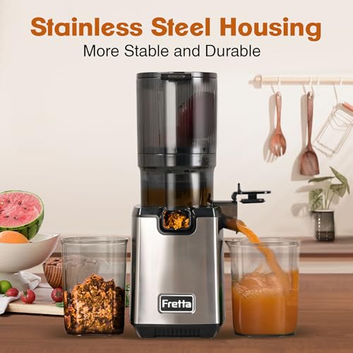 Image of Fretta Cold Press Juicer, 5.3 inch Feed Chute for Whole Fruits & Vegetables | Less Prep, Family-Size Capacity, Quiet Operation, Easy Cleaning, Stainless Steel Housing, Safety Lock, Reverse Function