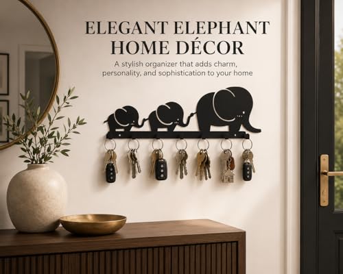 Image of Decorative Elephant Metal Key Holder for Wall | Entryway Key Hanger Organizer for Home Decor | Wall Mounted Key Rack for Keys, Keychains & Accessories | No Drilling Required Key Holder