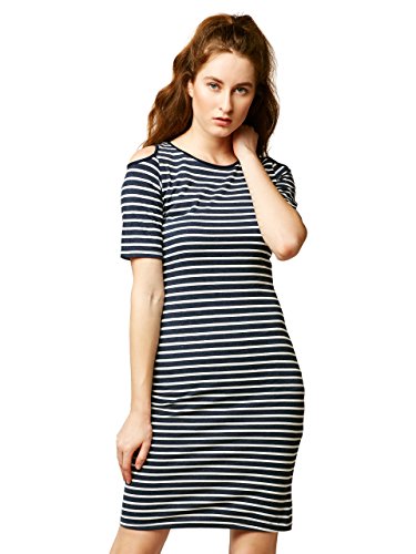 Image of Miss Chase Women's Grey and White Round Neck Half Sleeves Striped Mini Bodycon Dress