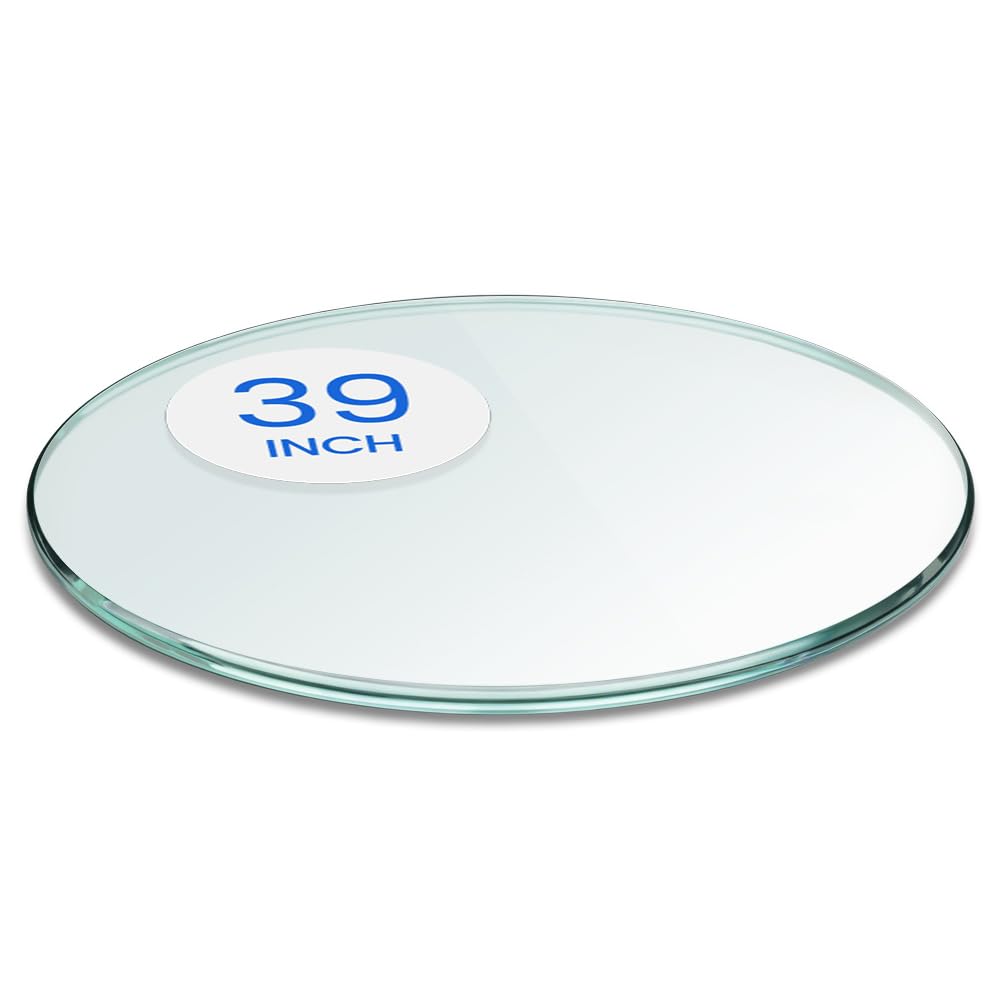 dulles glass 39 inch round glass table top - tempered - 3/8" thick glass surface, safe pencil edge, multipurpose for dining table, patio, coffee and end table