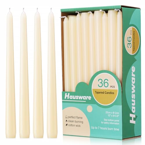 Hausware 36 Pack Taper Candles, 8 Hour Burn Time,Unscented Dripless and Smokeless, 10 inch Elegant Premium Quality Dinner Candle for Home Décor, Restaurant, Wedding, Party Candlesticks(Ivory)