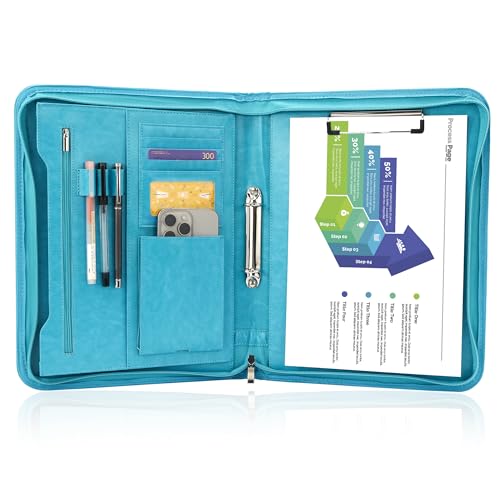 Porte-documents A4 en cuir turquoise à 2 anneaux avec fermeture éclair