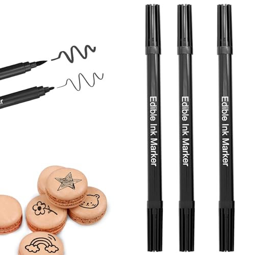 3 Rotuladores Comestibles Negros – Marcadores Doble Punta para Fondant, Galletas, Chocolate, Macarons – Punta Fina & Gruesa – Rotulador Tinta Comestible Negro para Repostería
