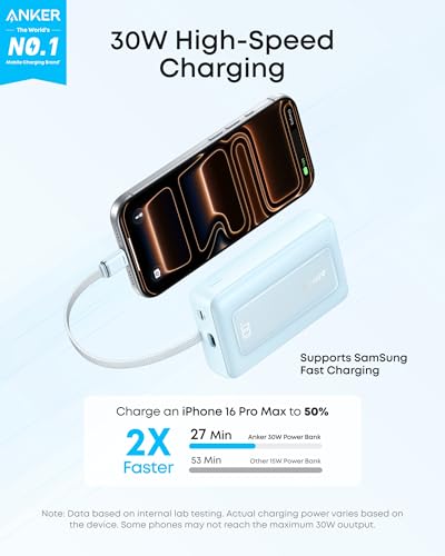 Image of Anker Portable Charger, 10,000mAh 30W Power Bank, USB-C in and Out Fast Charging Battery Pack, Travel Essential Phone Power Bank, for iPhone 17 /16, Galaxy and More (Blue, 10000, Milliamp Hours)