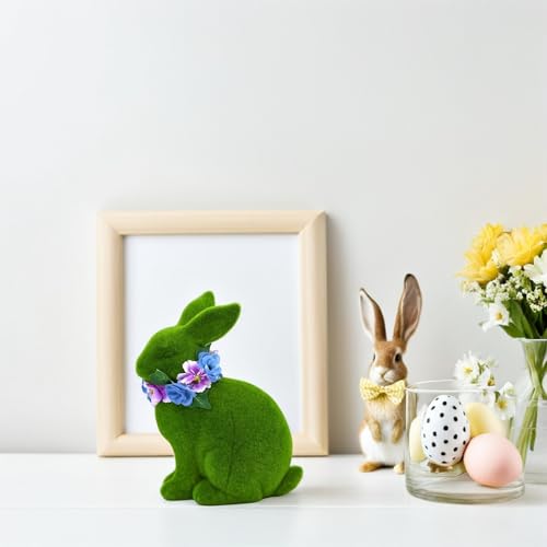 Centre de table de Pâques lapin vert en mousse floquée de 25 cm