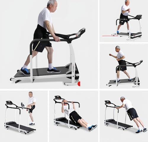 Image of Walking Treadmill with Long Handrails - Treadmill for Seniors 300 lbs Capacity - Foldable, Lightweight with Wheels, Cup & Phone Holder - Recovery Machine for Home or Apartment
