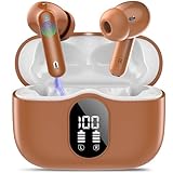 Wireless Earbuds, Bluetooth 5.4 Headphones Bass Stereo, Ear Buds with Noise Cancelling Mic, IP7 Waterproof in Ear Earphones, 36H LED Display Bluetooth Earbuds for Laptop Pad Phones Sports, Brown