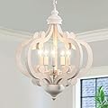 Wooden Farmhouse Chandelier, 5 Lights Antique Distressed White Cottage French Country Chandelier Ceiling Light Fixture Vintage Rustic Pendant Light for Kitchen Island Living Dining Room Bedroom Foyer