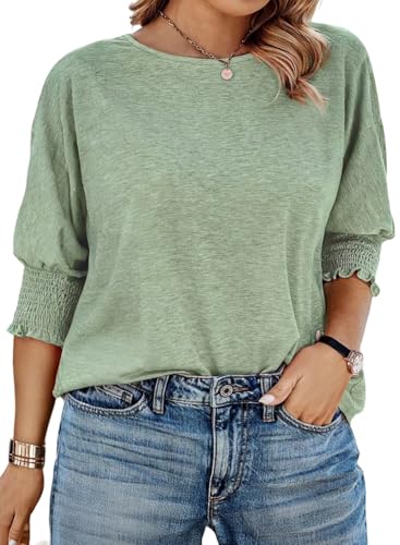 Eytino Plus Size Tops for Women Crew Neck 3/4 Sleeve T-Shirts Loose Casual Solid Basic Business Tees Blouses(1X-5X)