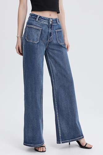 Women's High Waist Wide Leg Jeans Stretchy Loose Denim Pants with Two Button Detail4