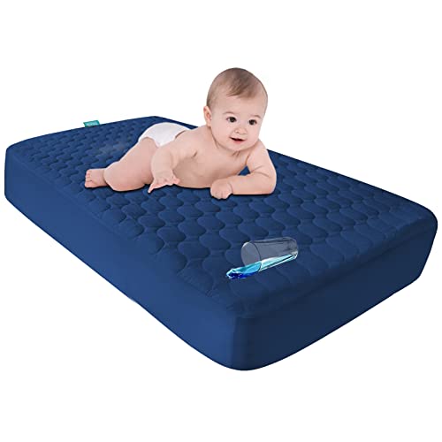 Image of Waterproof Crib Mattress Protector, Toddler Baby Crib Mattress Pad Cover, Machine Washable & Dryer Fit Baby Bed Mattress Protector(Standard Size 52” x 28”), Navy Blue