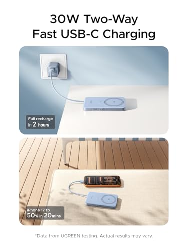 Image of UGREEN Magflow Air Qi2 Magnetic Power Bank 10000mAh, 15W Wireless Portable Charger with Built-in USB-C Cable, 30W Fast Charging Battery Pack, MagSafe Compatible for iPhone 17 /16 /15 /14 Pro Max, Blue