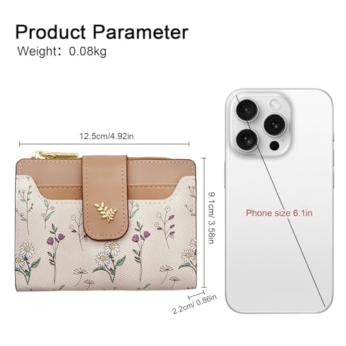 LJCZKA Small Wallets for Women Bifold Leather Zipper Pocket Wallet Credit Card Holder Floral Purse Girls Ladies with ID Window (Khaki)3