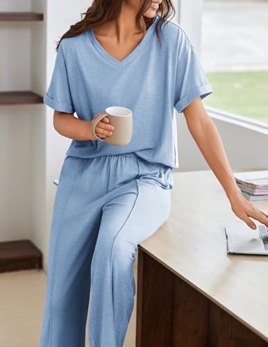 Image of Ekouaer Pajamas for Women Set 2 Piece Short Sleeve Tops with Long Pants V Neck Soft Pjs Casual Lounge Set with Pockets