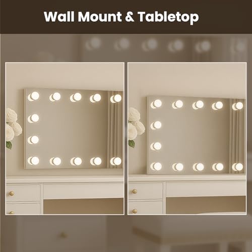 Image of WTTY 60 inchx30 inch Hollywood Vanity Mirror with Lights, Wall-Mounted Makeup Mirror with 3 Color Temperatures, Stepless Dimmable Bulbs, Anti-Fog & Shatter-Proof