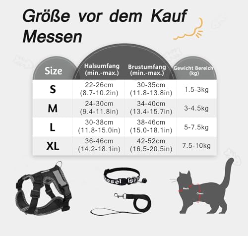 Katzengeschirr Mit Leine Set, Verstellbar Ausbruchsicher Mit Reflektierendem Geschirr, Atmungsaktiv Und Halsband Set für Hunde Und Katzen Auf Spaziergängen (XL)