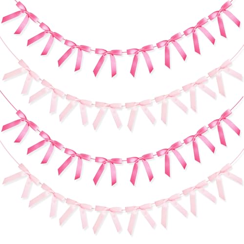 4 Pcs Pink Bow Garland Banner Pre Strung Pink Coquette Party Decortions for Girls Bow Birthday Decorations Bachelorette Party Decorations Bridal Shower