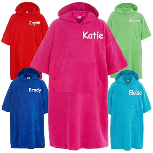 Gembroidery Personalised Hooded Poncho 100% Cotton Kids Towelling Changing Robe Childrens Bath Towel with Pocket For Beach, Swimming, Surfing Gift for Boys and Girls (Hot Pink 8-13 Years)