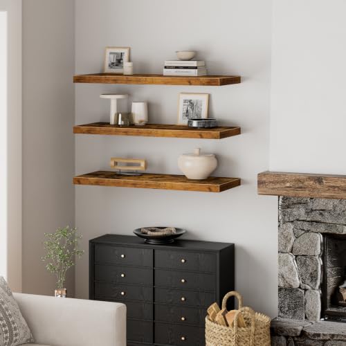 Image of QEEIG 12 inch Deep Floating Shelves for Wall - 12 x 36 inch Book Shelf Bathroom Bedroom Kitchen Living Room Hanging Bookshelf Farmhouse Set of 3, Brown (026-90BN3)