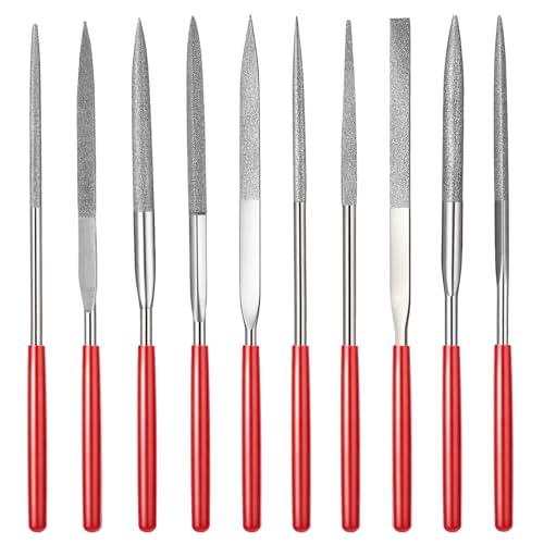 Exircy 10Pcs Diamond Needle File Set Diamond Files 3 x 140mm Mini Metal Needle File Set Includes Round Triangular Square Flat Shape for Jewlery Metal Glass Stone Grinding Polishing and Engraving