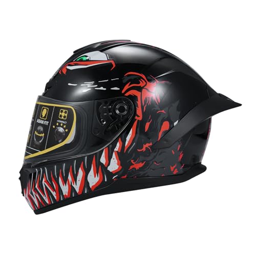 Cool Rider Casco Integrale da Moto, Design Nero con Fiamme Rosse, Ventilazione Multi-Sfiato, Calotta Asiatica Compatta, Per Turismo e Street
