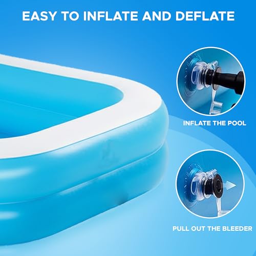Image of NHR Inflatable Swimming Pool for Kids & Adults with Electric Air Pump (6.7 FT / 201x150x51 cm), 450L Capacity Thick PVC Rectangular Family Water Pool for Backyard Outdoor Garden, Blue & White