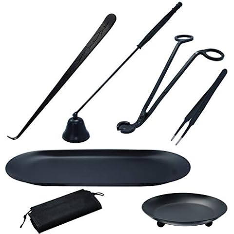 DIKOO 7 in 1 Candle Snuffer Accessory Stainless Steel Set- Candle Wick Trimmer, Candle Snuffer, Candle Wick Dipper, Tweezers, Plate Tray for Candles Lovers, Family, Party Putting Out Candle Safely Cover