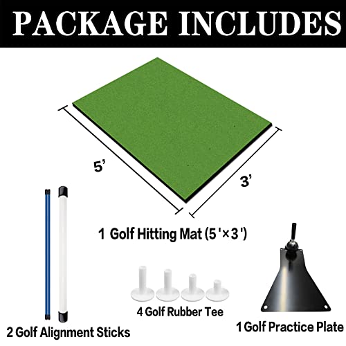 Golf Mats Practice Outdoor Indoor Matt 5X3 Ft Turf Hitting Mat With 2 Alignment Sticks 1 Swing Plate For Driving Range Backyard 5X4 5X5 (5'X3' Mat+1 Swing Plate+2 Sticks+4 Rubber Tees) #TOP3