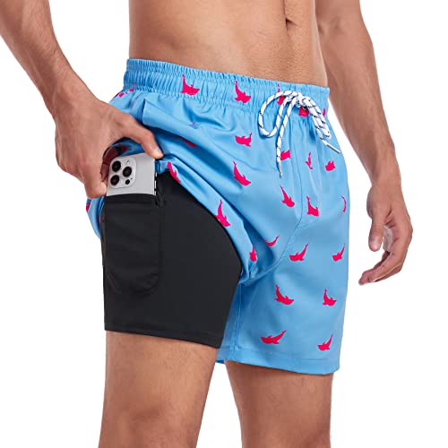 Narecte Mens Swim Trunks 5" With Compression Liner Quick Dry Board Shorts Men's Swimming Trunks With Zipper Pocket Sky Blue Shark M #TOP8