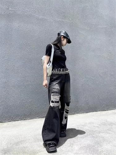 Women's Black Gothic Ripped Jeans Baggy Aesthetic Denim Trousers Harajuku Oversize Jean Pants4