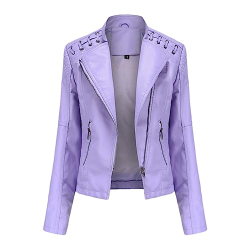 Veste de motard violet clair en similicuir PU douce et élégante en XL