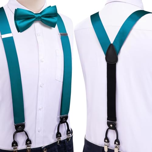 Image of Hi-Tie Men Suspender Bowtie Set Suspenders Pre-tied Bow Tie Pocket Square Cufflinks Adjustable Y Shape 6 Clips Braces Tuxedo
