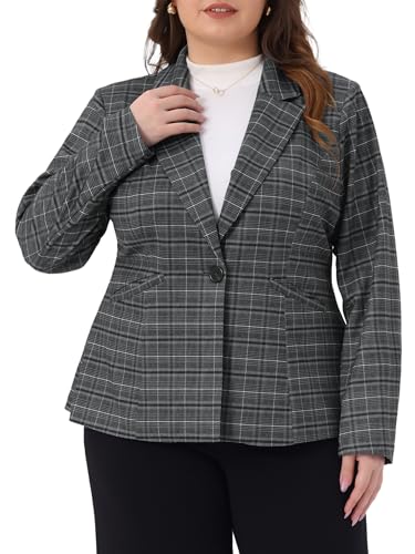 Agnes Orinda Plus Size Blazers for Women Business Casual Plaid Notched Lapel Long Sleeve Button Jacket with Pockets