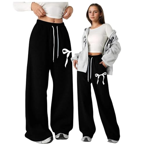 Girls Sweatpants Bowknot Straight Leg Drawstring Baggy Jogger Pants Y2k Casual Open Bottom Athletic Trousers W/Pocket 4-16T